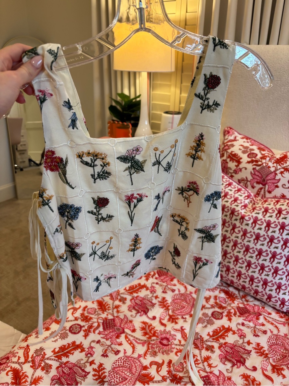 Embroidered White Floral Square-Neck Crop Top